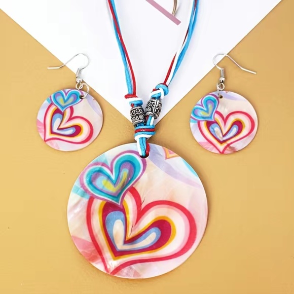 Jewelry - Colorful Love Heart Print Pendant Necklace & Drop Hook Earrings Set Sweet